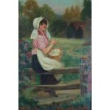 Arthur Langley Vernon (British, fl.1871-1922) Girl Collecting Eggs oil on canvas