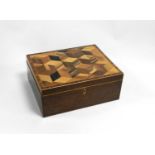 A 19th century crossbanded box, probably Tunbridge, with a tumbling block pattern, parquetry lid and