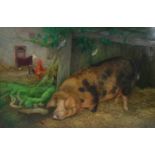 Denby Sweeting (British 1936-2020), Oxford Sandy and Black Pig in Farmyard oil on panel
