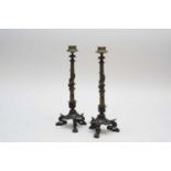 A decorative pair of early 20th century cast metal candlesticks, in the Aesthetic Movement manner,