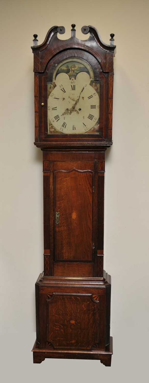 A 19th century oak and mahogany veneered longcase clock, with a 14" painted dial, painted Arabic and