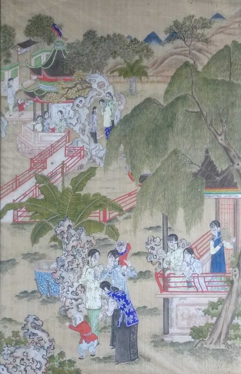 Chinese Qing Dynasty Painting on silk, Ladies and Boys at Leisure