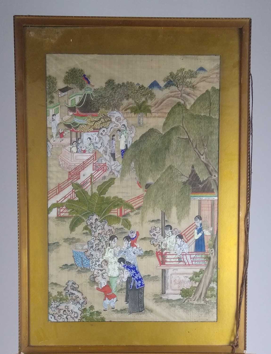 Chinese Qing Dynasty Painting on silk, Ladies and Boys at Leisure - Image 2 of 2