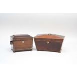 Two 19th century sarcophagus shaped tea caddies, the smallest veneered in rosewood with strung