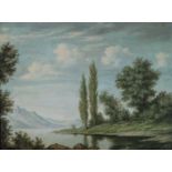 F Bery (British School), Oil Landscape of a Mountainous Lakeside