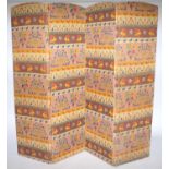 A large Edwardian or earlier four-fold / screen, covered in a brightly coloured folk art-style