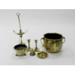 A group of brasswares, 19th/20th Century, including a Chinese planter, a student type oil lamp, a