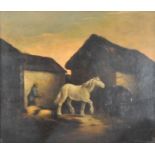 Follower of George Morland, a farmyard scene with a white horse in the centre, the farmer behind,