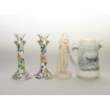 Victorian jug, parian figure and a pair of Copeland Spode candlesticks