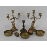 A pair of French gilt metal two-branch figural candelabra, 33cm high, together with other metalwares
