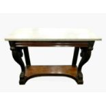 A late Victorian mahogany marble-topped console table, with single frieze drawer raised on scroll