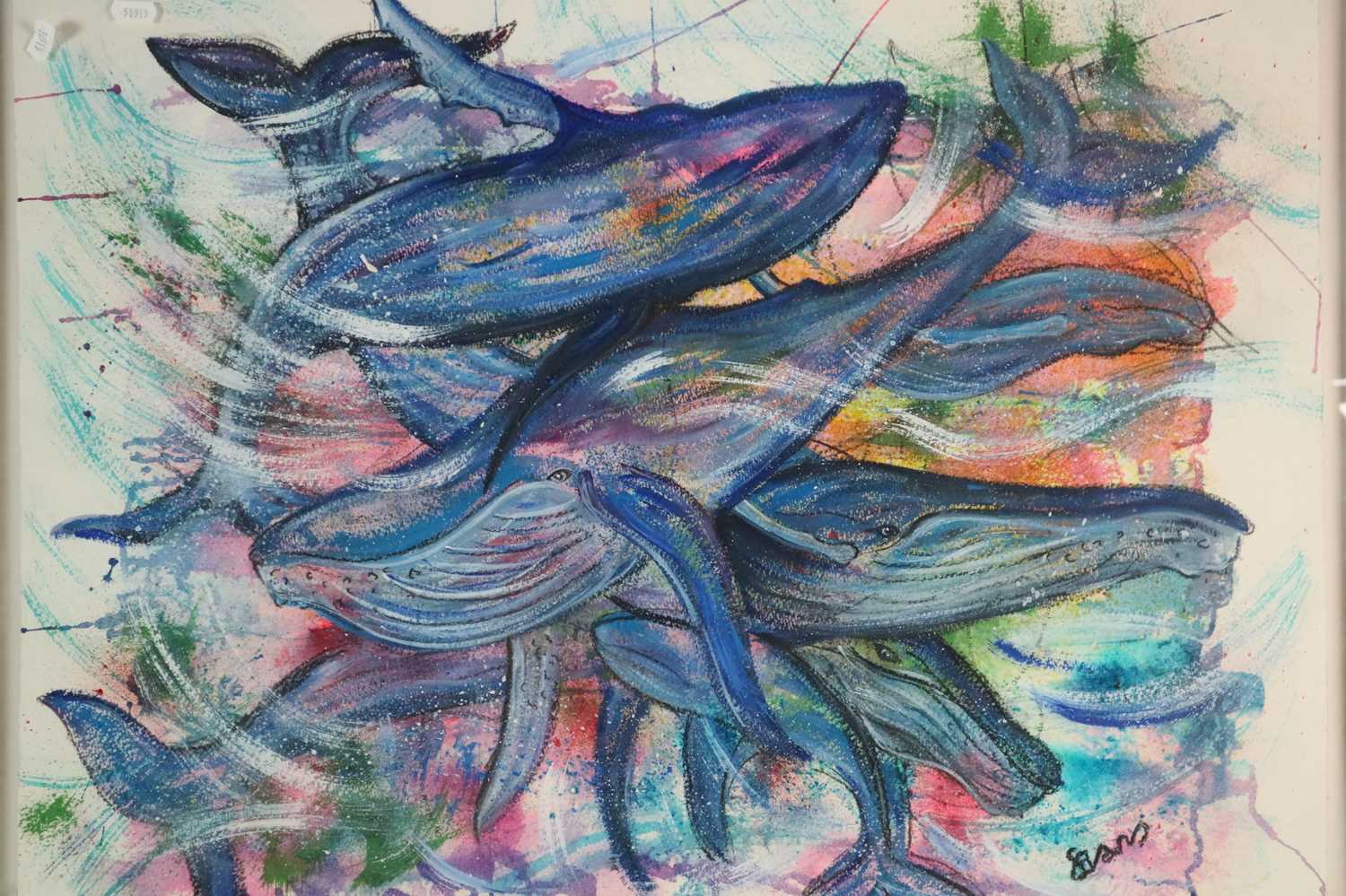 Mixed Media painting of Whales, signed Evans