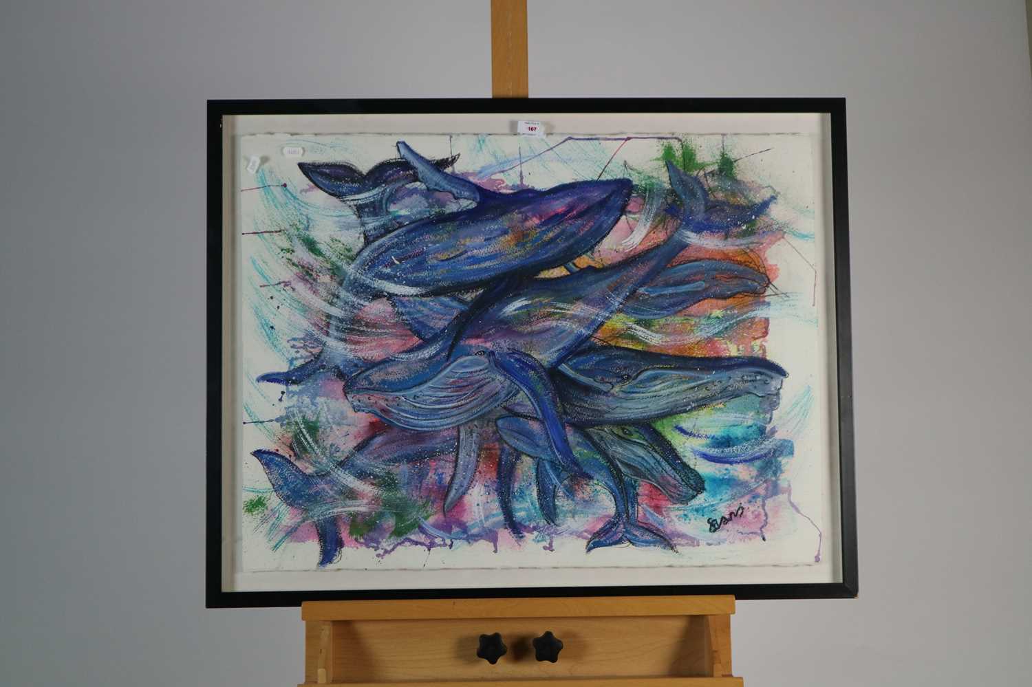 Mixed Media painting of Whales, signed Evans - Image 2 of 2