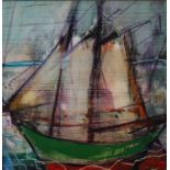 Paul Martinez-Frias (Welsh School Contemporary, b.1929), Three Sail Ship in Blue Frame