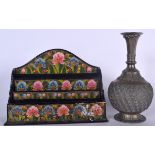 A PERSIAN LACQUER LETTER RACK, together with a vase. Vase 23.5 cm high. (2)