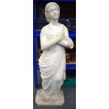 A LARGE ART NOUVEAU EUROPEAN CARVED MARBLE FIGURE OF A NUDE FEMALE modelled standing in draped robes