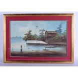 A PAIR OF 1950S CHINESE GOUACHE PASTEL RIVER LANDSCAPES. Image 48 cm x 30 cm.