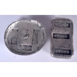TWO CHINESE WHITE METAL INGOTS, varying form, weight 383grams. Largest 5.75 cm wide.