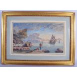 A LOVELY 18TH CENTURY NEAPOLITAN ITALIAN WATERCOLOUR Coastal Scene, Initialled J V 1790. Image 37 cm