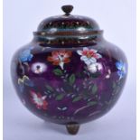A LARGE 19TH CENTURY JAPANESE MEIJI PERIOD CLOISONNE ENAMEL CENSER AND COVER decorated with foliage.