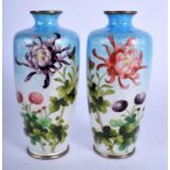 A PAIR OF EARLY 20TH CENTURY JAPANESE MEIJI PERIOD CLOISONNE ENAMEL VASES decorated with flowers. 11