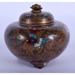 AN EARLY 20TH CENTURY JAPANESE MEIJI PERIOD CLOISONNE ENAMEL CENSER & COVER decorated with birds. 7.