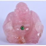 A 19TH CENTURY CHINESE ROSE QUARTZ FIGURE OF A BUDDHA with European malachite button press, possibly