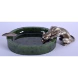 A RARE AND UNUSUAL CONTINENTAL SILVER MOUNTED JADE ASHTRAY overlaid with a panther drinking from a p