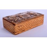 AN EARLY 19TH CENTURY CARVED CORK SNUFF BOX decorated with figures and landscapes. 9 cm x 5.5 cm.