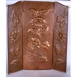 AN ARTS AND CRAFTS COPPER SCREEN, three fold and decorated with foliage. 69 cm x 50 cm.