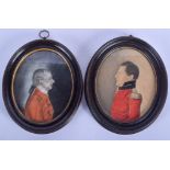 A FRAMED PAIR OF 19TH CENTURY PASTEL MINIATURES depicting Military Gentleman. Image 12 cm x 15 cm.