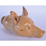 A 19TH CENTURY ENGLISH STONE WARE FOX HEAD FLASK. 18 cm long.