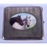 AN ART DECO WHITE METAL AND ENAMEL CIGARETTE CASE painted with horses, within a blue banding. 144 gr