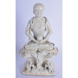 A 19TH CENTURY CHINESE BLANC DE CHINE FIGURE OF A BUDDHA modelled seated upon dragons. 19 cm high.