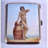 AN ART DECO WHITE METAL AND ENAMEL CIGARETTE CASE painted with a nude female upon a barrel. 125 gram