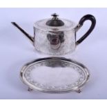 A GEORGE III SILVER TEAPOT ON STAND. London 1805 & 1795. 15.4 oz. 24 cm wide. (2)