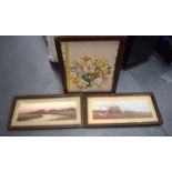 AN ANTIQUE FLORAL EMBROIDERED PANEL, together with a pair of landscapes. Panel