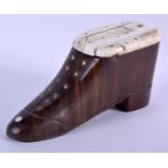 A 19TH CENTURY CONTINENTAL HARDWOOD SNUFF BOX in the form of a shoe. 9 cm x 3 cm.