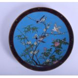 A FINE EARLY 20TH CENTURY JAPANESE MEIJI PERIOD CLOISONNE ENAMEL DISH decorated with birds and flowe