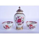 A PAIR OF 18TH CENTURY CHINESE FAMILLE ROSE TEA BOWLS together with a Qianlong tea canister. (3)