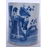 A 20TH CENTURY CHINESE BLUE AND WHITE PORCELAIN BRUSH POT, painted with figures in a landscape. 11.5