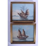 A PAIR OF 1950S CHINESE FRAMED PASTEL WATERCOLOURS depicting junk boats. Image 24 cm x 19 cm.