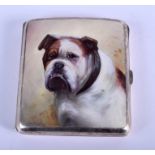 AN ART DECO WHITE METAL AND ENAMEL CIGARETTE CASE painted with a bulldog. 127 grams. 7.5 cm x 8 cm.