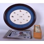 A FRAMED FLY FISHING PLAQUE, together with a collection of autographs and dominos. (qty)