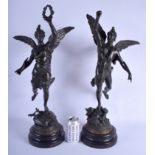 A LARGE PAIR OF ANTIQUE FRENCH SPELTER FIGURES upon ebonised bases. 60 cm high.