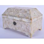 AN INDIAN GOA CARVED MOTHER OF PEARL CASKET covered with silver stud motifs. 20 cm x 14 cm.