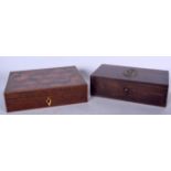 AN EARLY 20TH CENTURY MAHOGANY BOX INSET WITH BRONZE CARTOUCHE, together with a mixed wood box. Larg