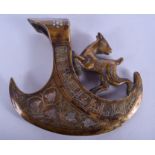 A MIDDLE EASTERN SILVER INLAID BRONZE PERSIAN AXE HEAD decorated with script and foliage. 15 cm x 12