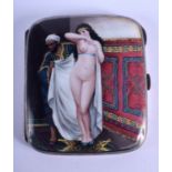 AN ART DECO WHITE METAL AND ENAMEL CIGARETTE CASE painted with an Arabic male beside a female. 111 g