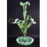 A LARGE EDWARDIAN GREEN URANIUM GLASS EPERGNE. 59 cm high.